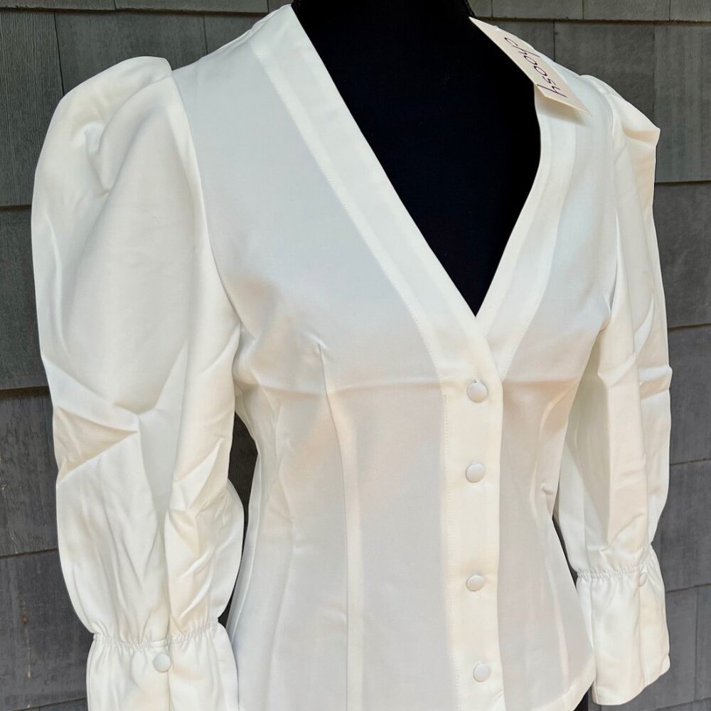 White V-neck Button Down Elastic Cuff Puff Sleeve Blouse by Choosy Small NWT